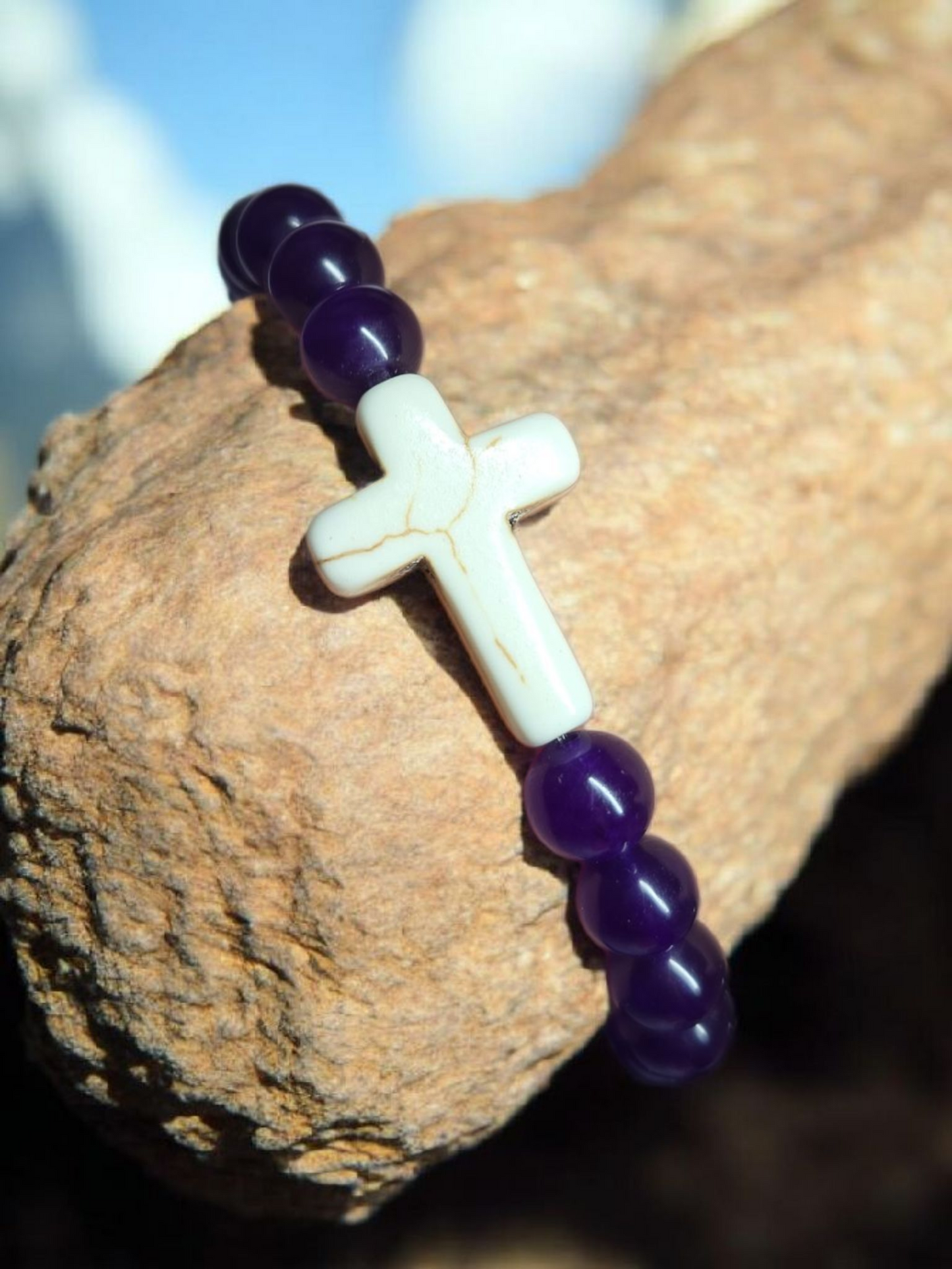 Natural Bead Bracelet With Stone Cross 3 Designs