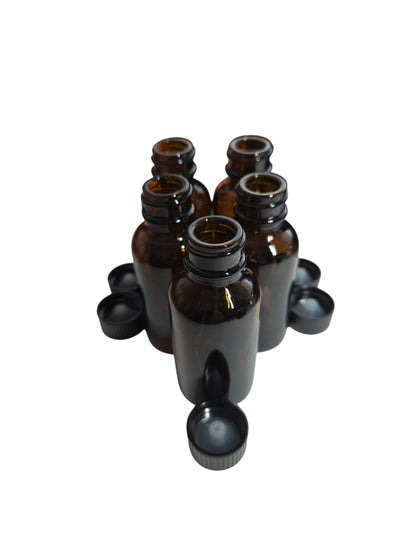 Set of 5-1oz. Boston Round Amber or Cobalt Blue Glass Bottles/W Phenolic Cone Caps