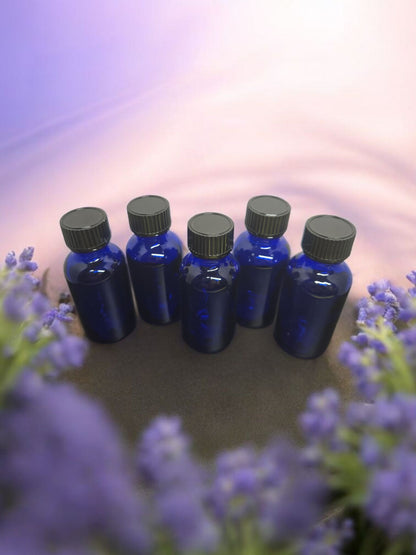 Set of 5-1oz. Boston Round Amber or Cobalt Blue Glass Bottles/W Phenolic Cone Caps