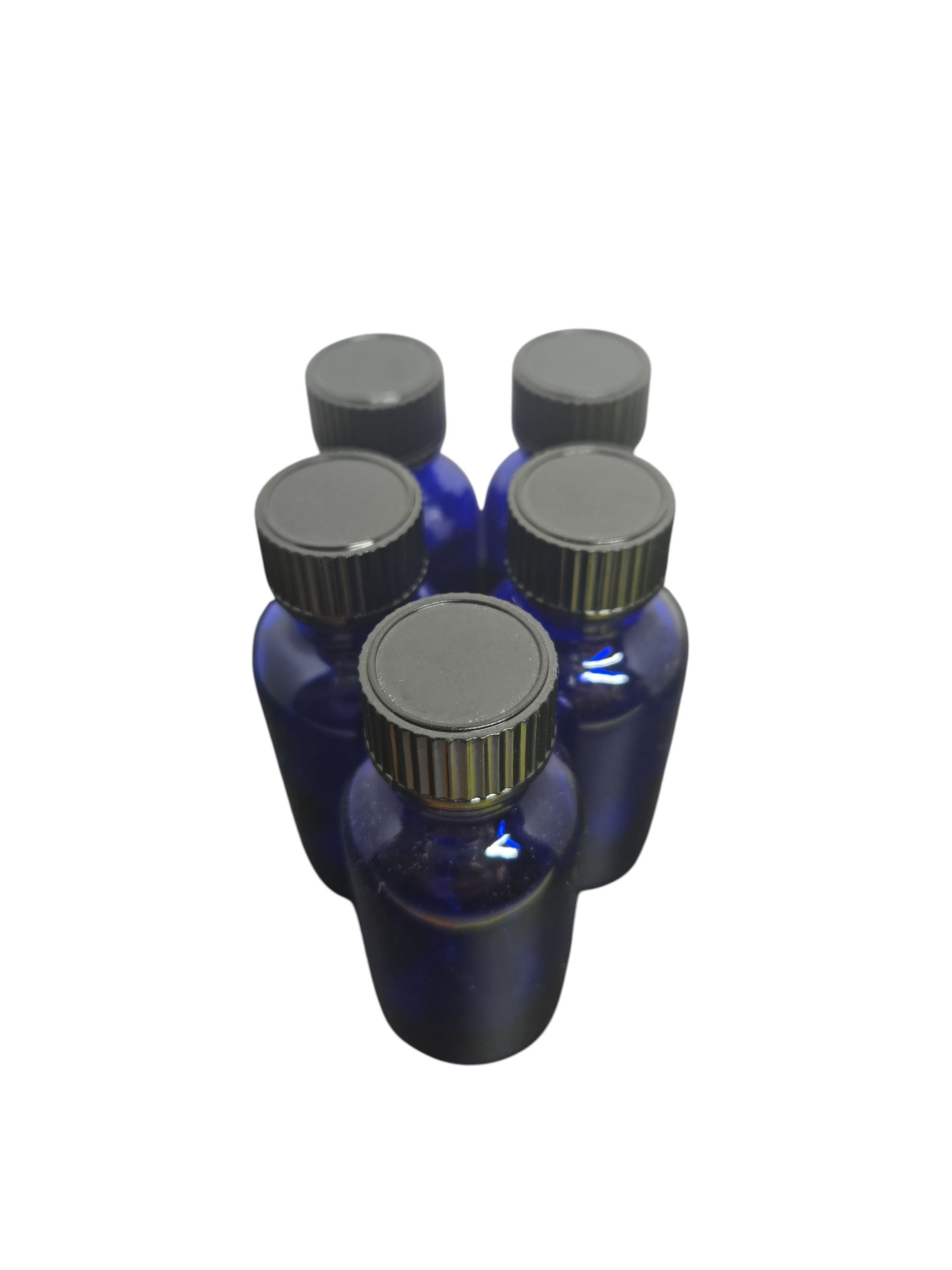 Set of 5-1oz. Boston Round Amber or Cobalt Blue Glass Bottles/W Phenolic Cone Caps
