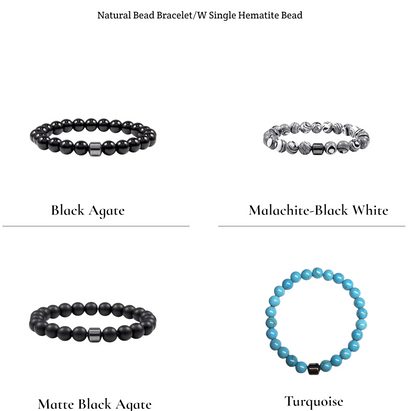 Natural Stone Bead Bracelet with Single Hematite Bead 4 Variations