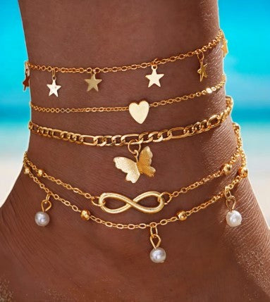 4 Piece Anklet Bracelet-Gold Color