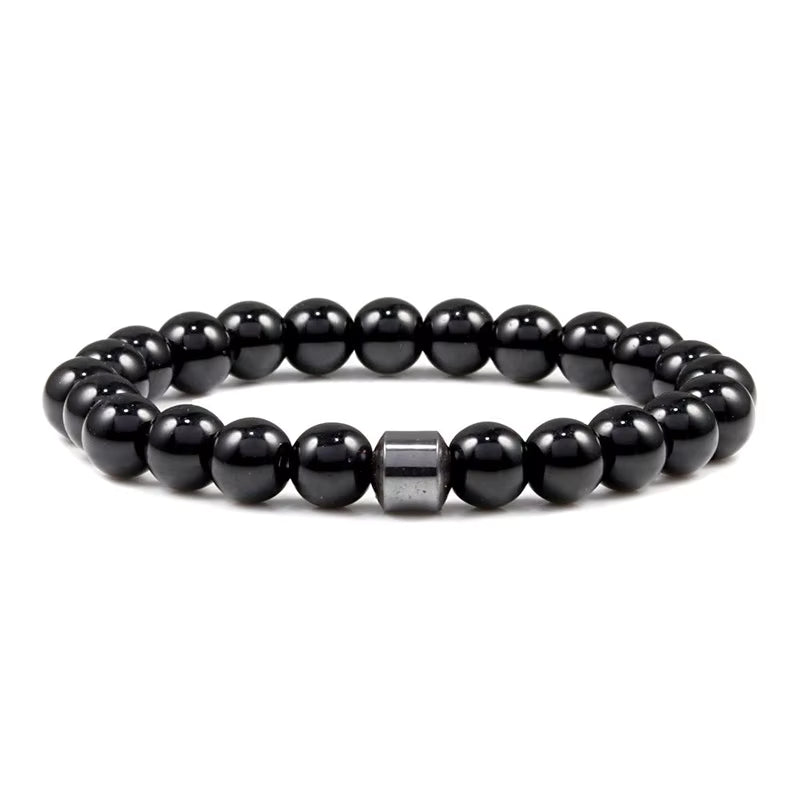 Natural Stone Bead Bracelet with Single Hematite Bead 4 Variations