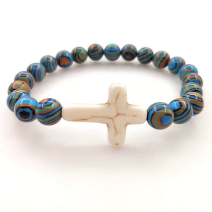 Natural Bead Bracelet With Stone Cross 3 Designs