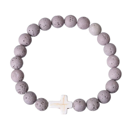 Gray Lava Bead Bracelet with Stone Cross-Aromatherapy Essential Oil Diffuser
