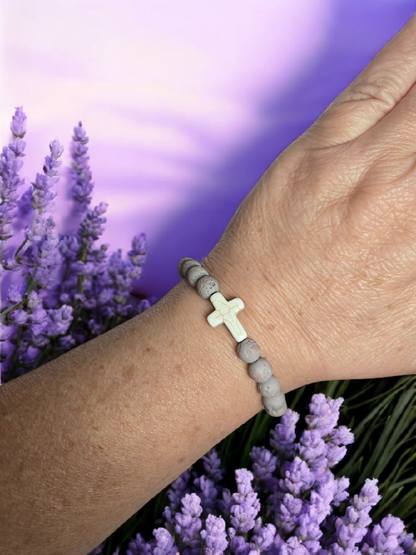 Gray Lava Bead Bracelet with Stone Cross-Aromatherapy Essential Oil Diffuser