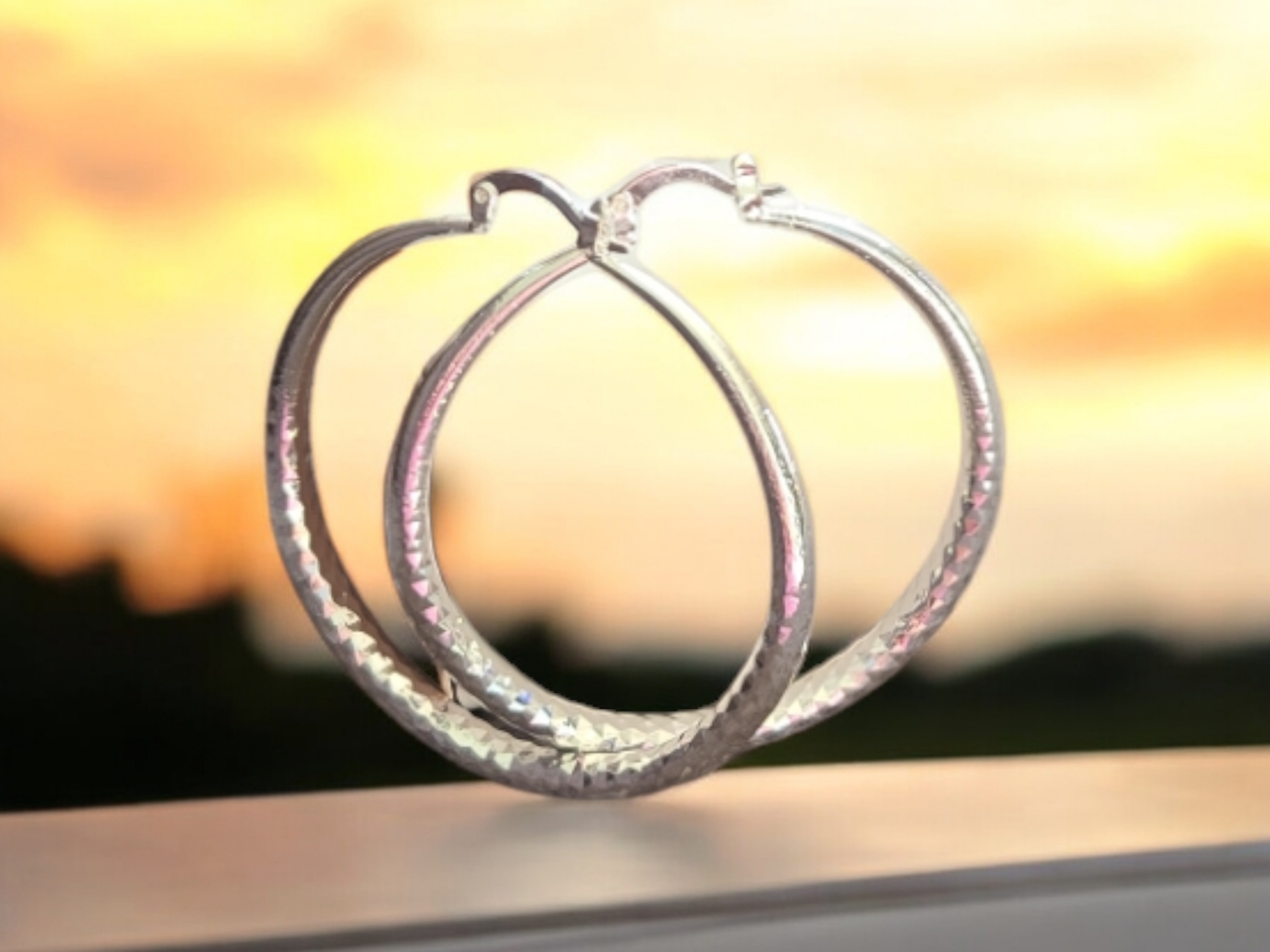 Large Diamond Cut Sterling Silver Over-Lay Hoops