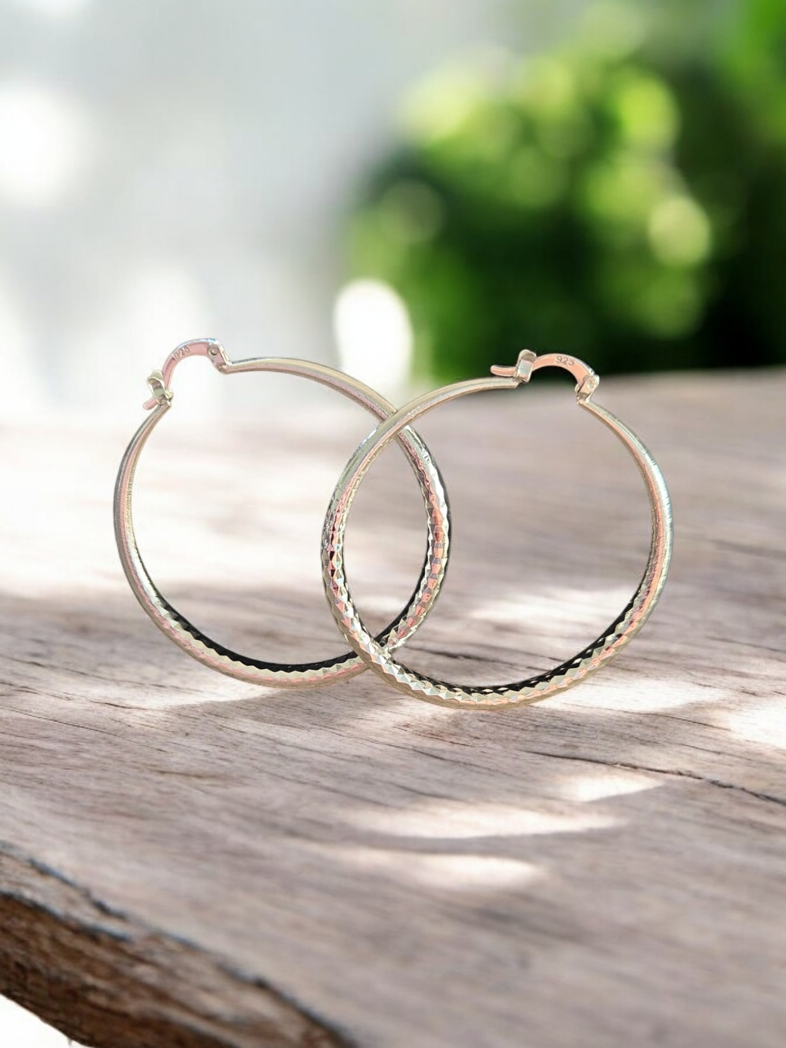 Large Diamond Cut Sterling Silver Over-Lay Hoops