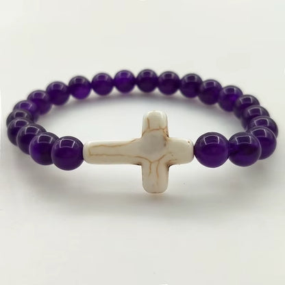 Natural Bead Bracelet With Stone Cross 3 Designs