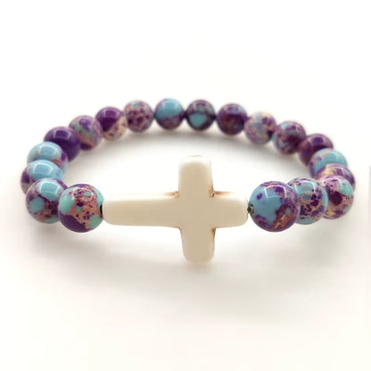 Natural Bead Bracelet With Stone Cross 3 Designs