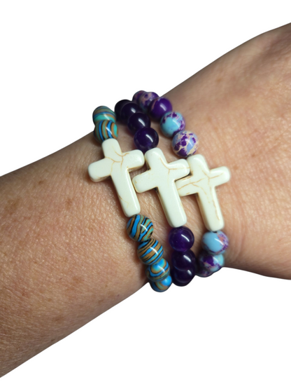 Natural Bead Bracelet With Stone Cross 3 Designs